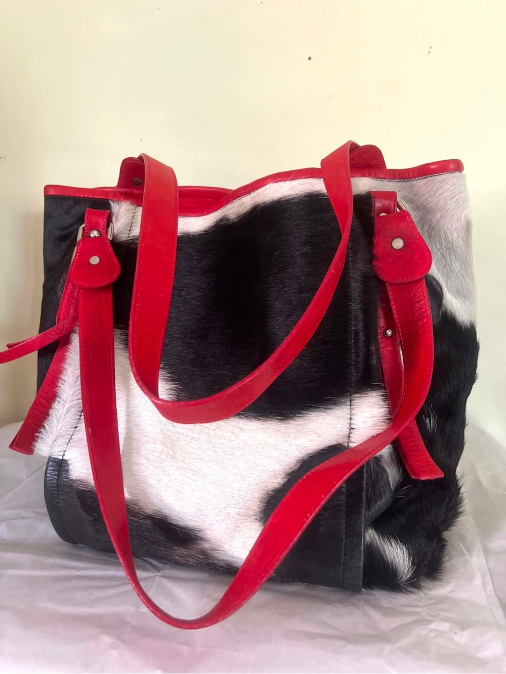 Valentina Black & White Cowhide Tote with Red Leather Handles